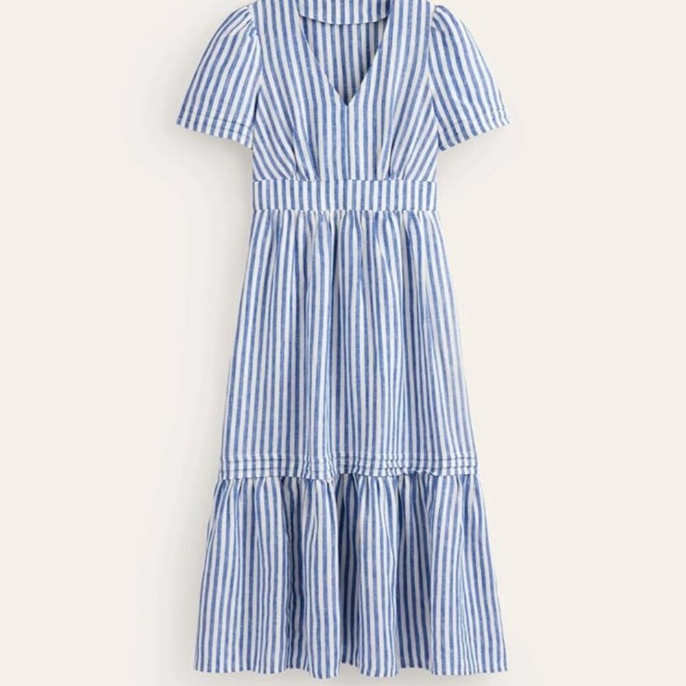 Women's Casual Cotton Linen Ruffle Midi Dress V Neck Elastic Waist A Line Dress